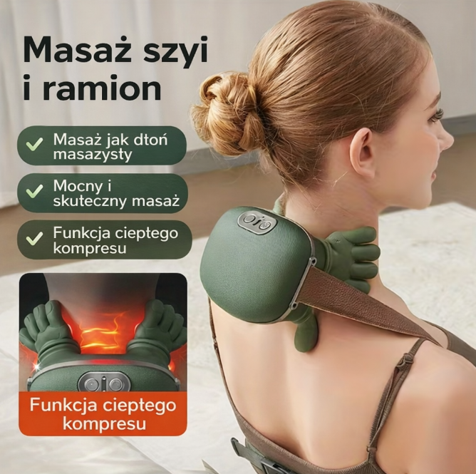 ŁAPEK™ – Bezprzewodowy Masażer Szyi i Ramion 4D z Grzaniem | Ugniatający Masaż Karku, Pleców i Mięśni Trapezowych | Idealny na Prezent 🎁